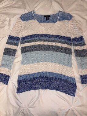 Chaps Blue, Light Blue, Gray & White Striped V-Neck Sweater